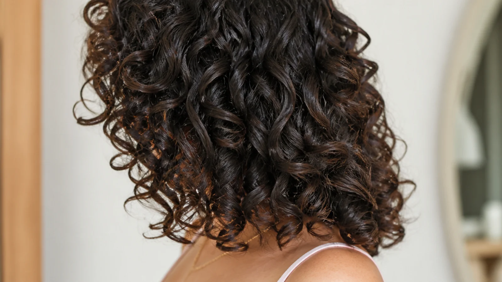 Curly mid length haircut with long invisible layers on springy 3B curls just below the shoulder