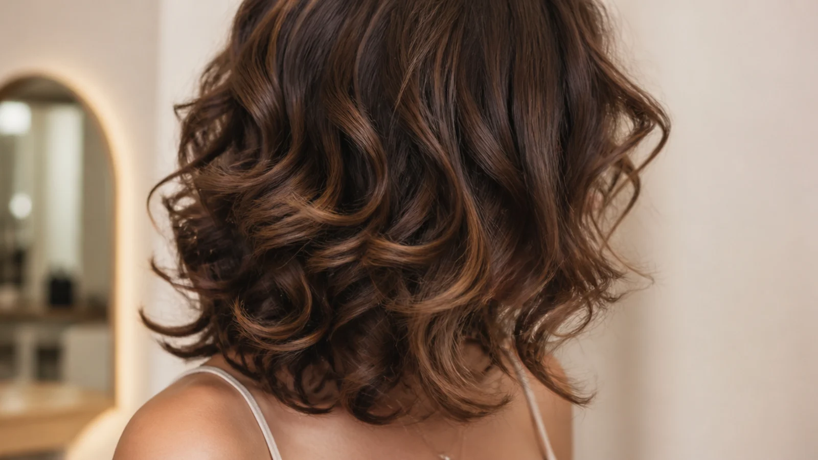 Curly butterfly cut at collarbone length with short crown layers over long curly ends