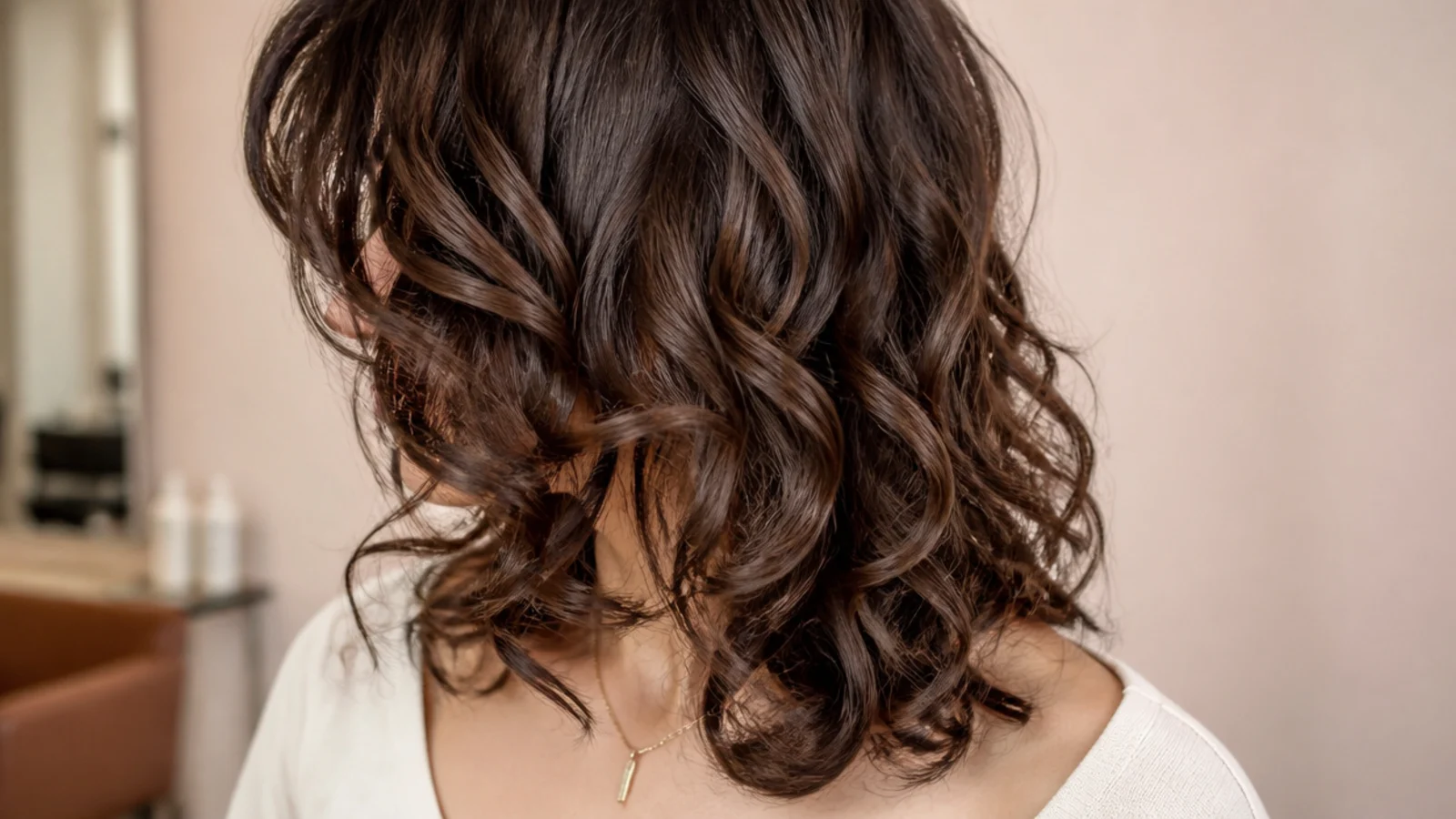 Curly mid length haircut with curtain bangs parting at the cheekbone over collarbone curls