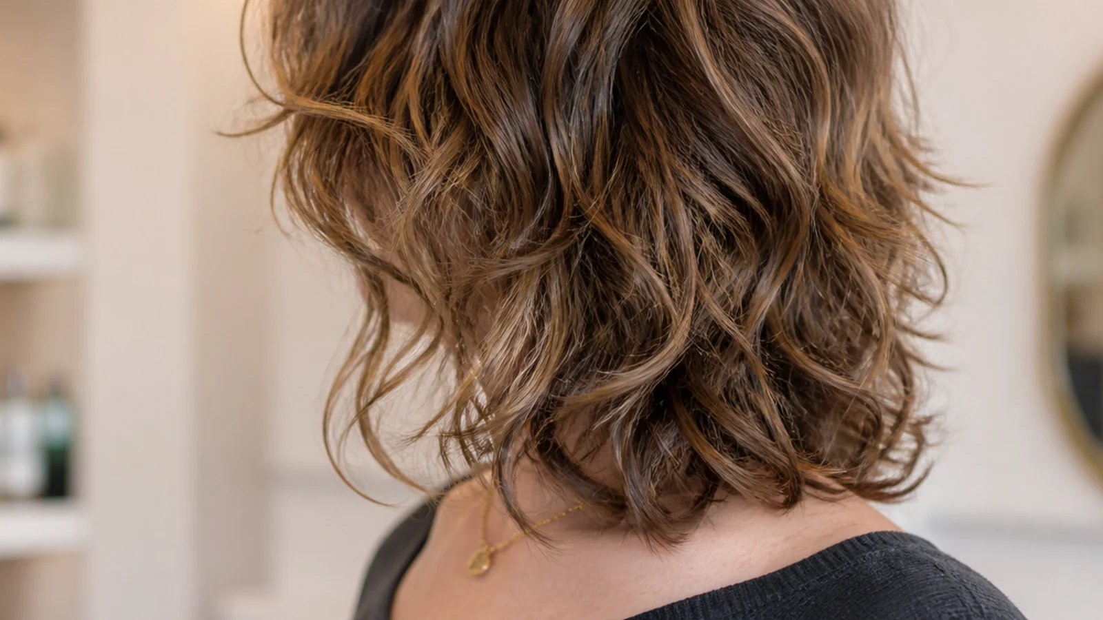 Curly wolf cut just below the shoulder with heavy crown layers and wispy curly ends