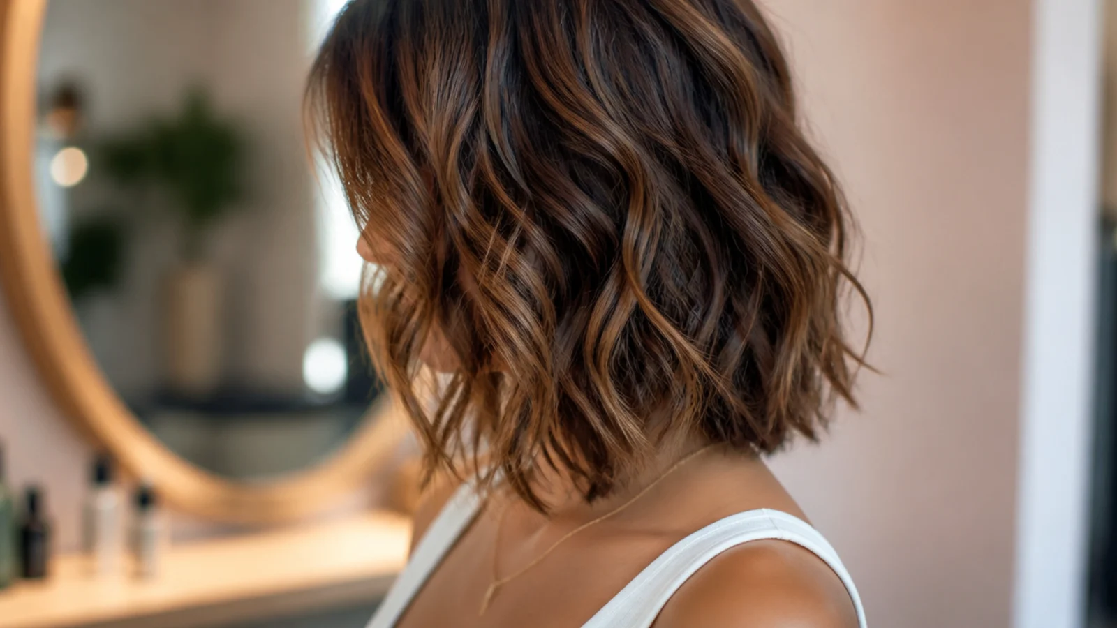 Triangle-proof curly lob with internal weight removal keeping the silhouette narrow at the ears