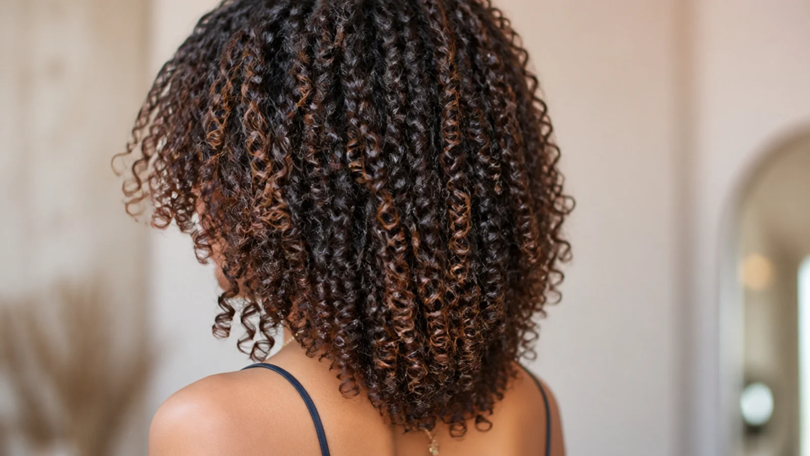 Curly V-shape mid length cut on tight 3C coils with a soft V at the back perimeter