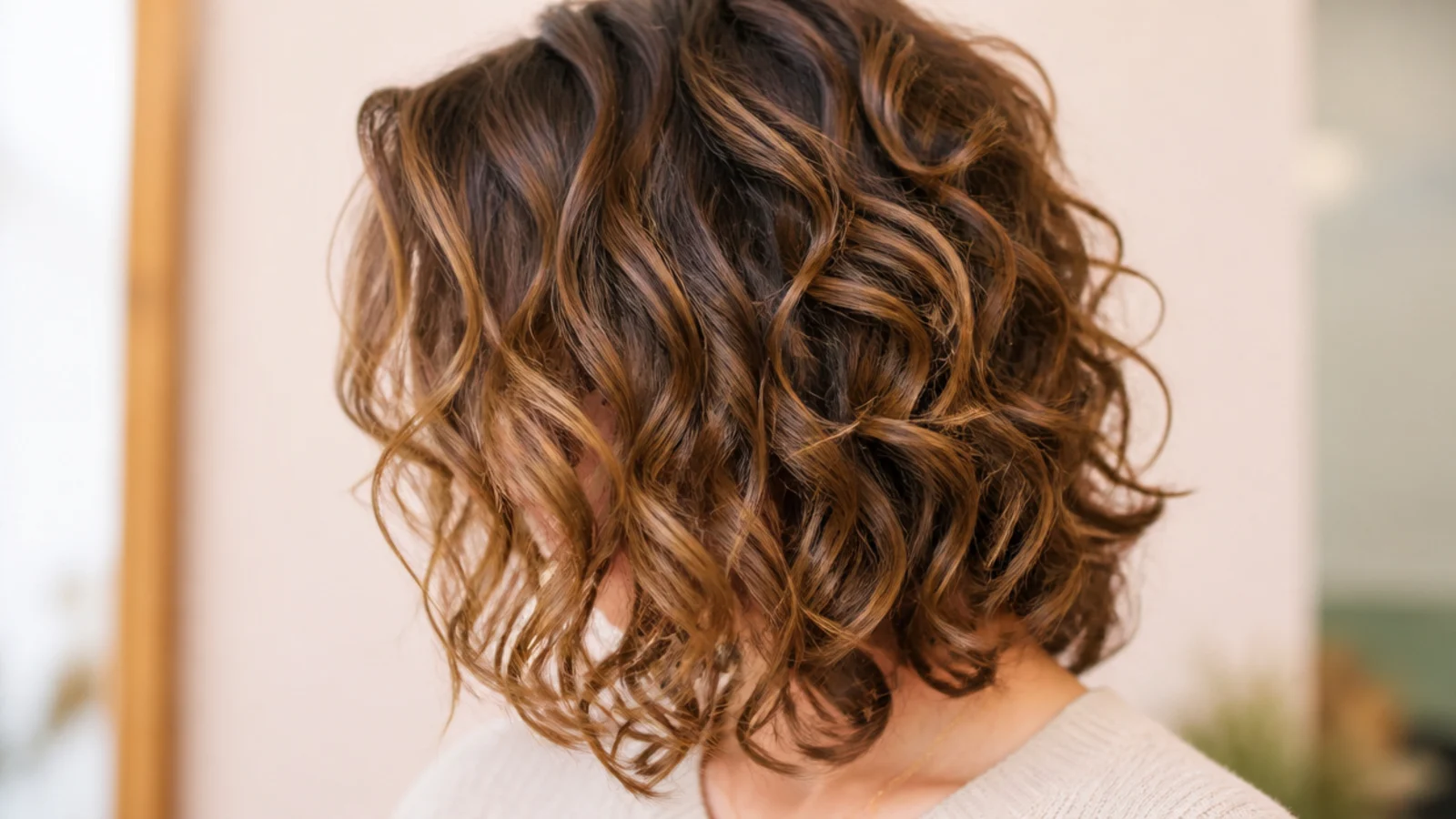 Curly mid length haircut with a deep side part creating lift and asymmetry at the crown