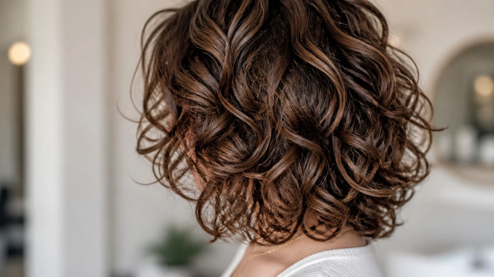 Round layered curly mid length cut in the Rezo style with even volume all around the head