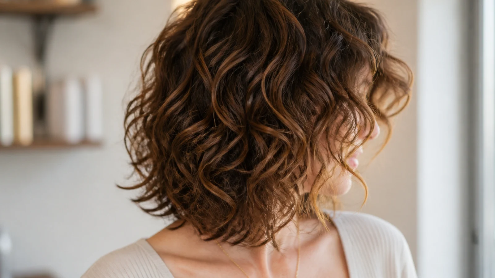 Curly mid length haircut with wispy curly bangs sitting at the eyebrow on a round face