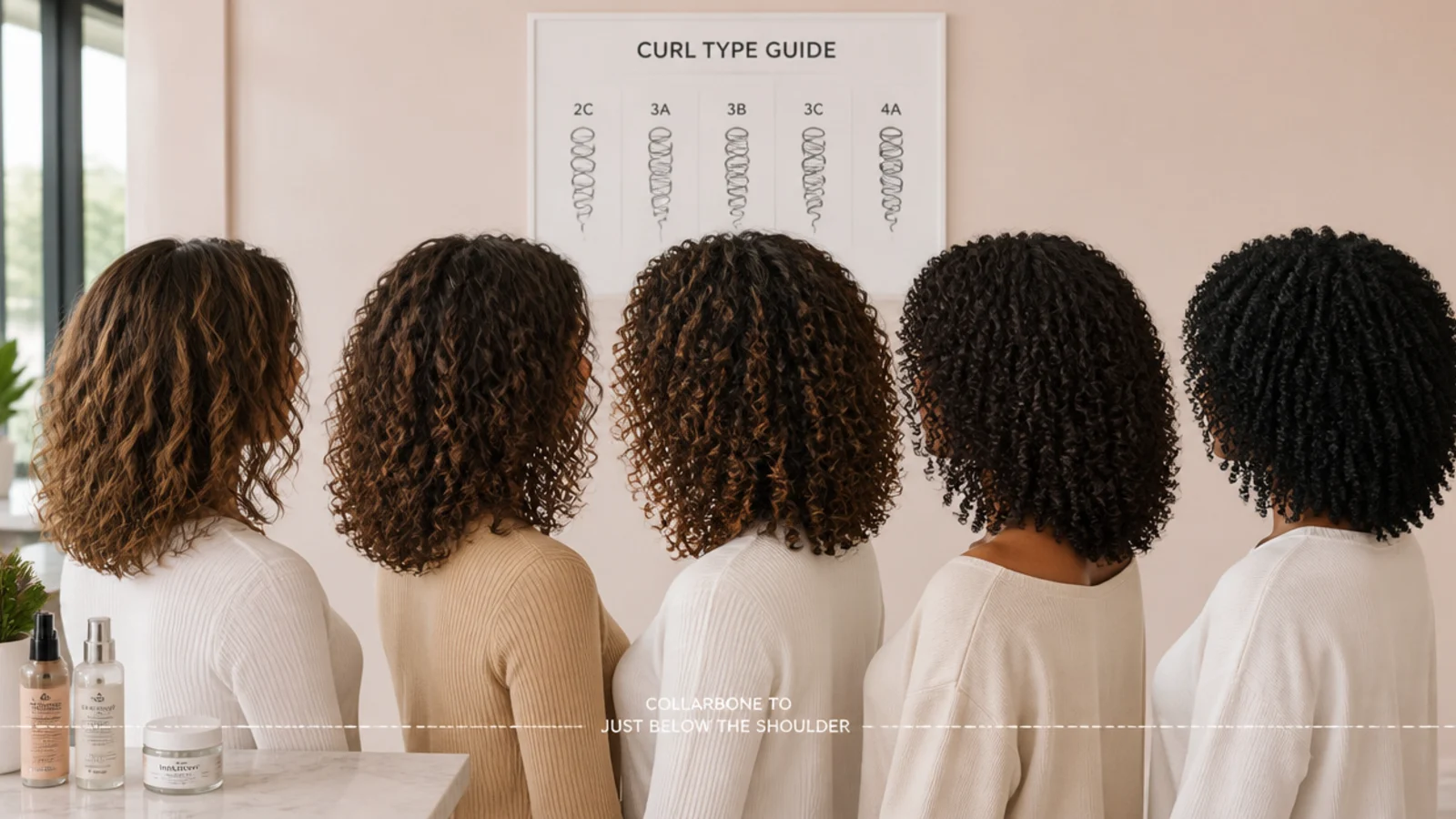 Curl type comparison for a curly mid length haircut showing 2C, 3A, 3B, 3C and 4A patterns