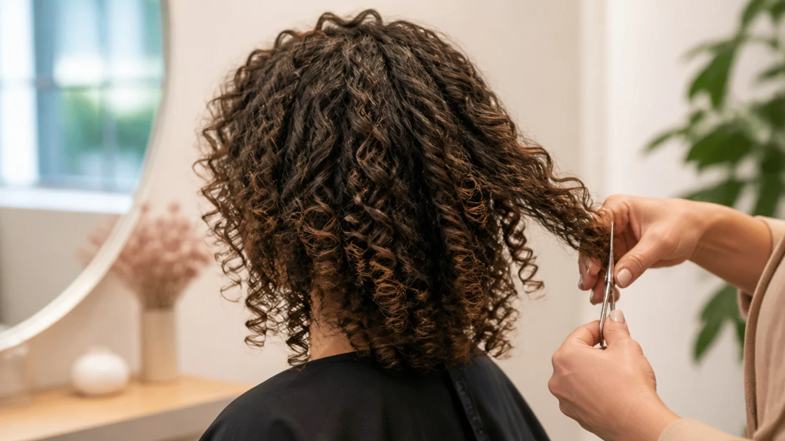 Stylist cutting a curly mid length haircut dry, curl by curl, on defined 3B ringlets
