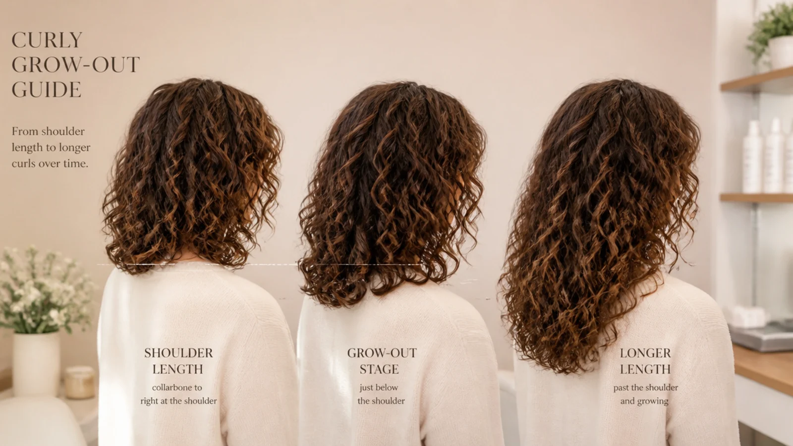 Grow-out stages of a curly mid length haircut from shoulder length toward longer curls