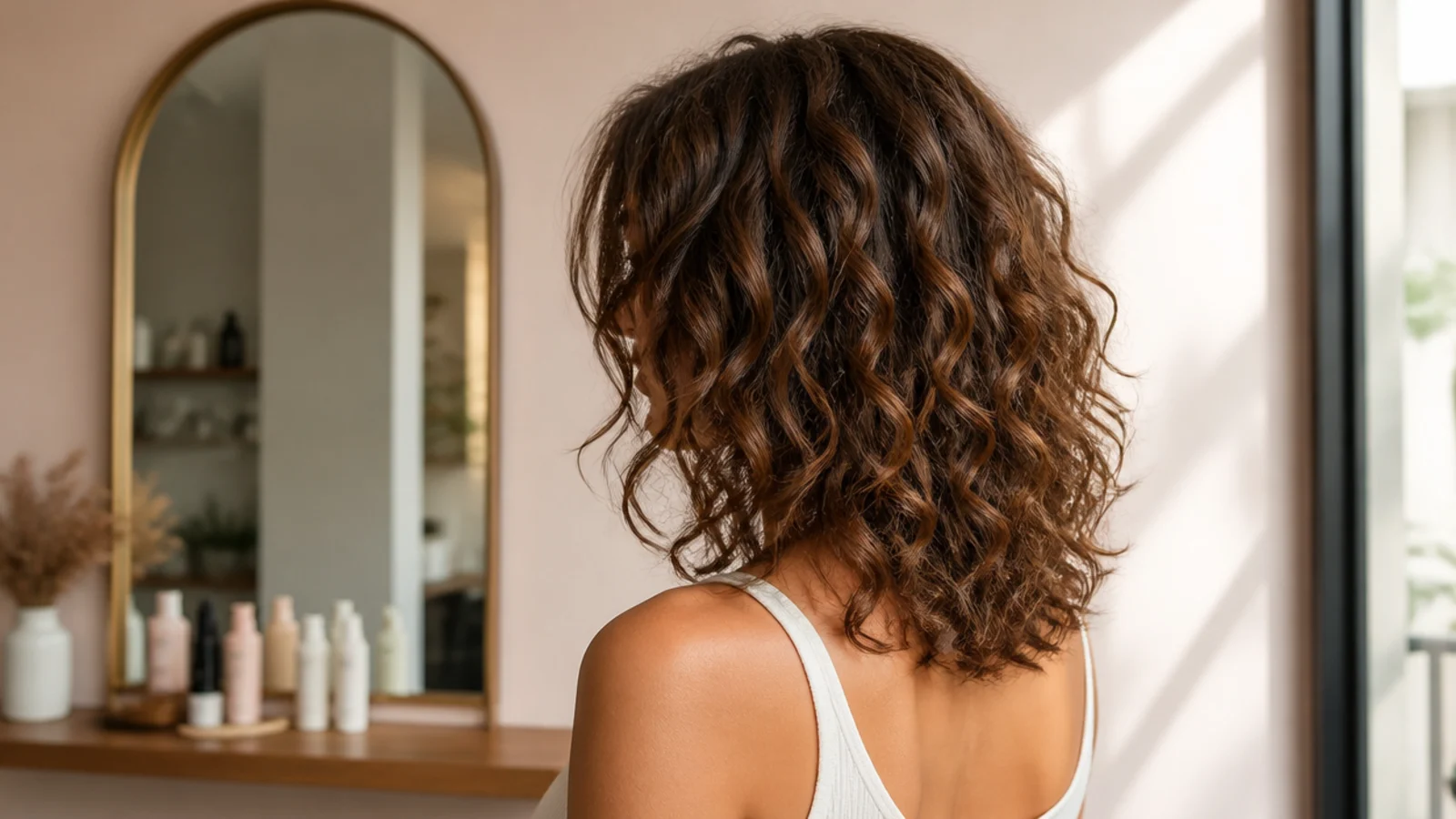 Curly mid length haircut at collarbone length with long invisible layers and jaw-length face framing