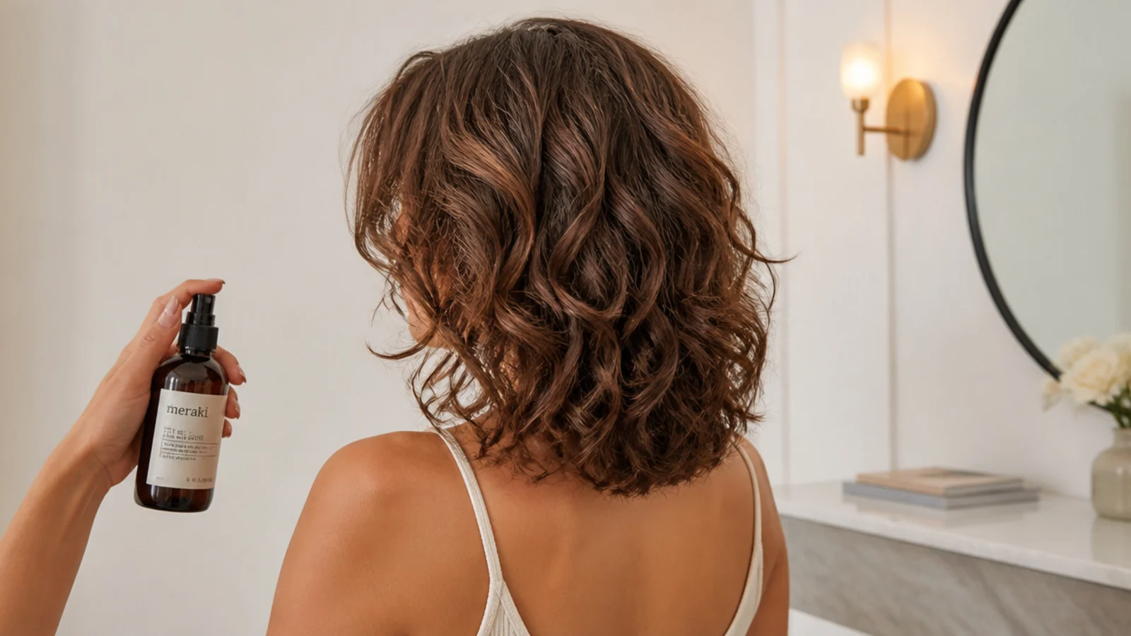 Length reference showing curly mid length haircut from collarbone to just below the shoulder