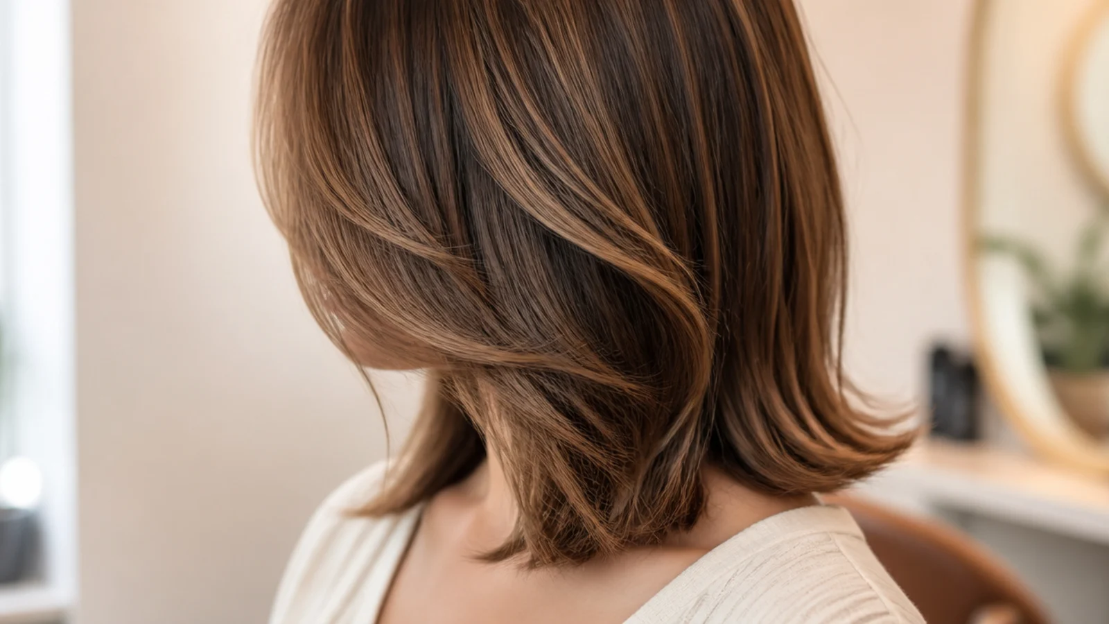 Jaw-start face framing layers on a mid length haircut flattering a round face shape