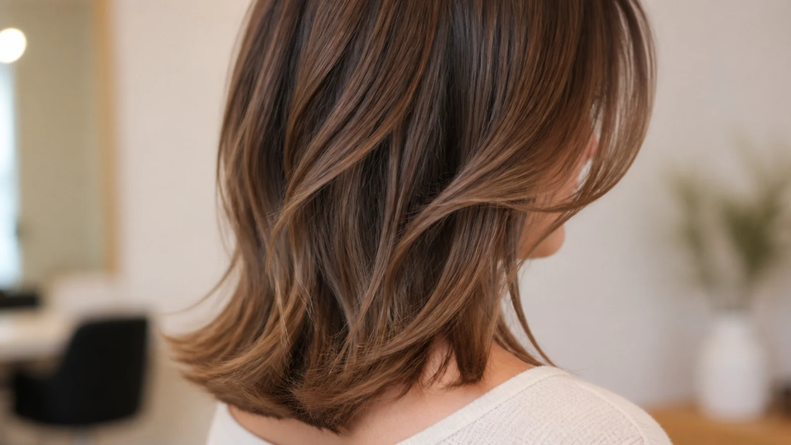 Cheekbone-start face framing layers on an oval face with a mid length collarbone haircut