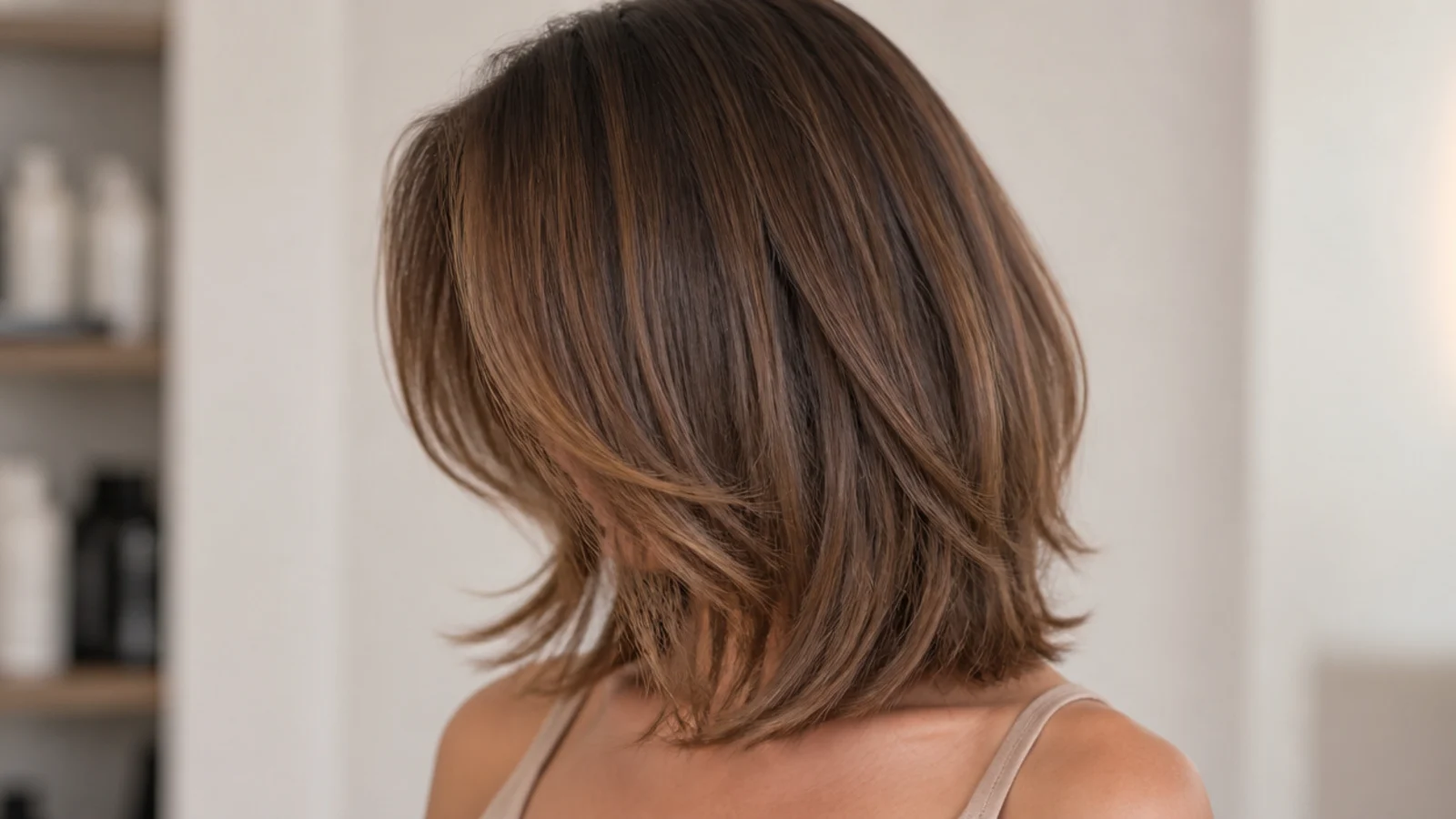 Face framing curtain bangs parting at the center over a mid length collarbone haircut