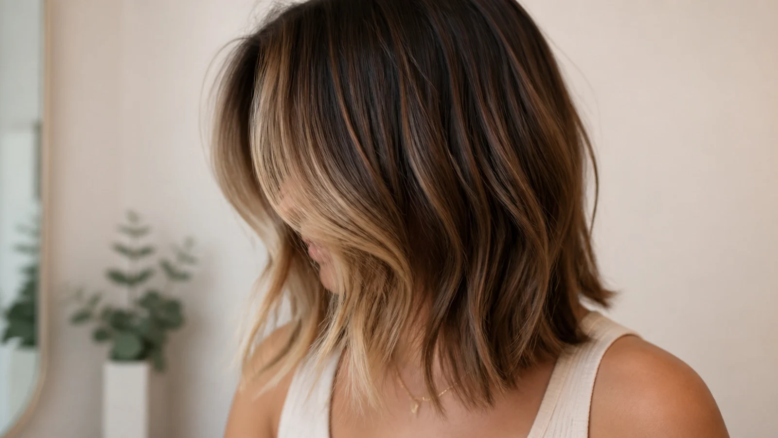 Money piece highlights lightening the chin-length face framing layers on a mid length haircut