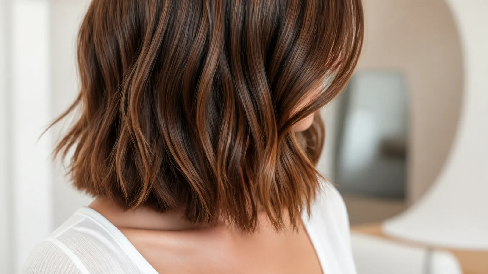 Blunt collarbone lob with soft chin-length face framing layers on mid length hair