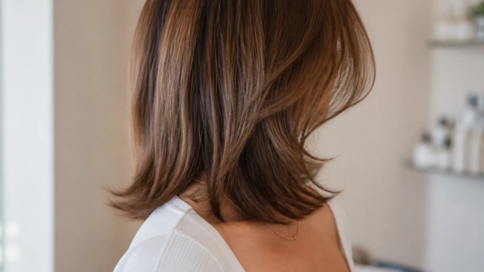 Butterfly cut with short face framing layers over long collarbone length on thick mid length hair