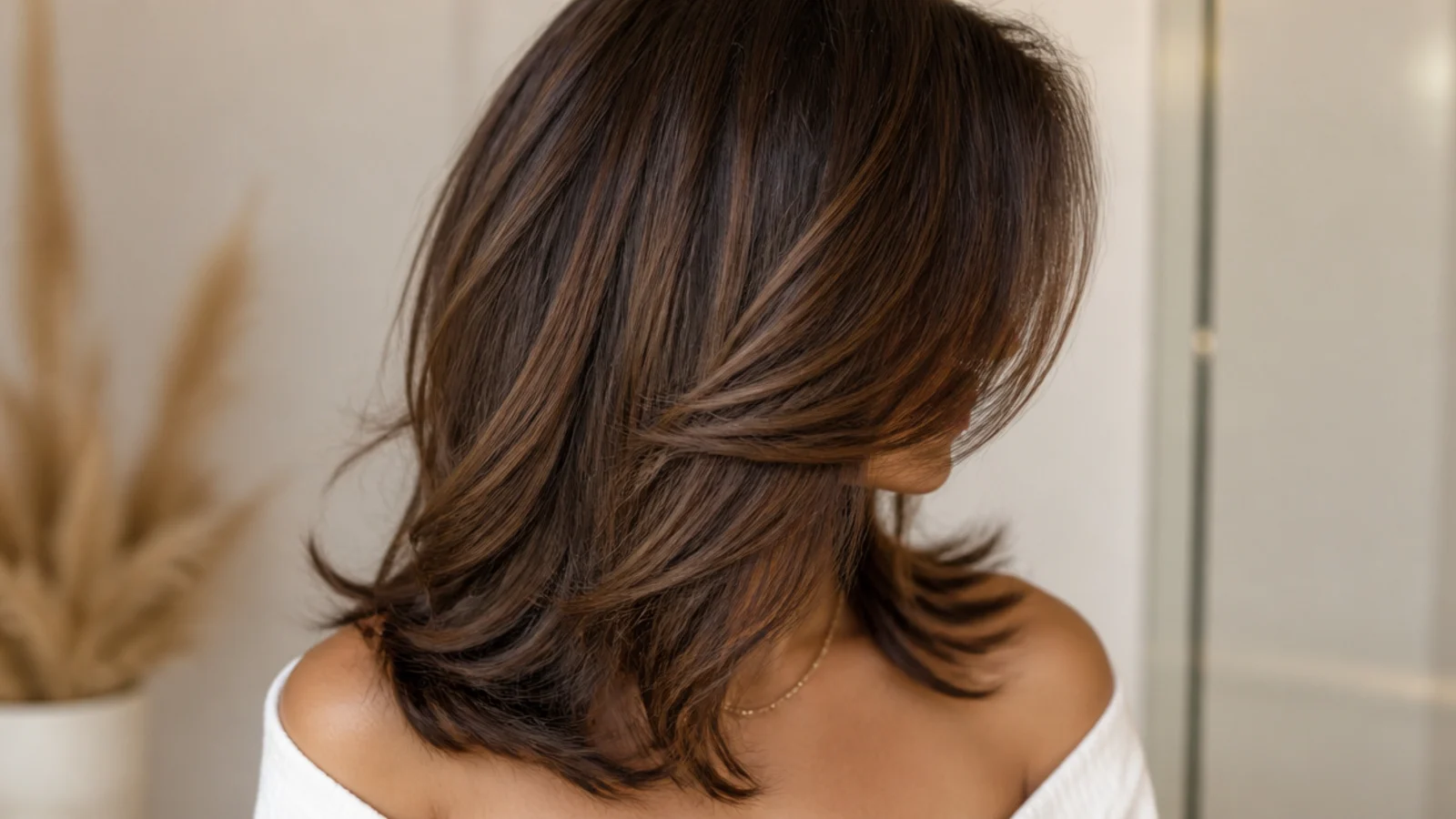 Side-swept face framing layers with a deep side part shortening a long face on a mid length haircut