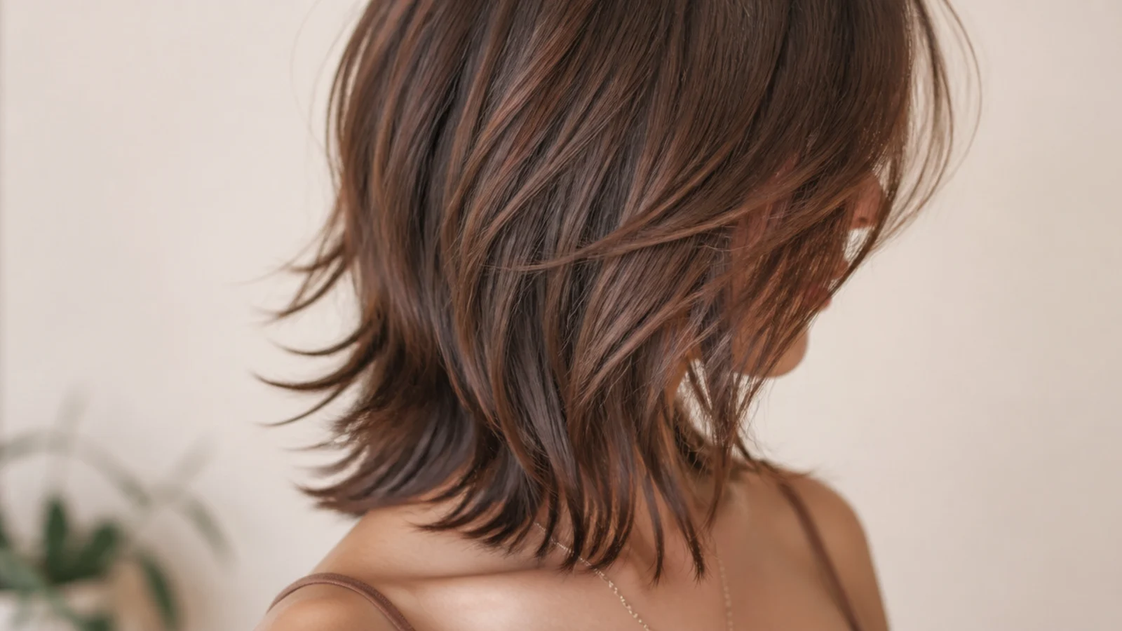 Choppy face framing layers on a mid length shag haircut with textured ends at the collarbone