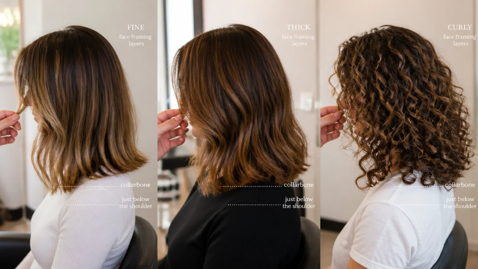 Face framing layers compared on fine, thick and curly mid length hair
