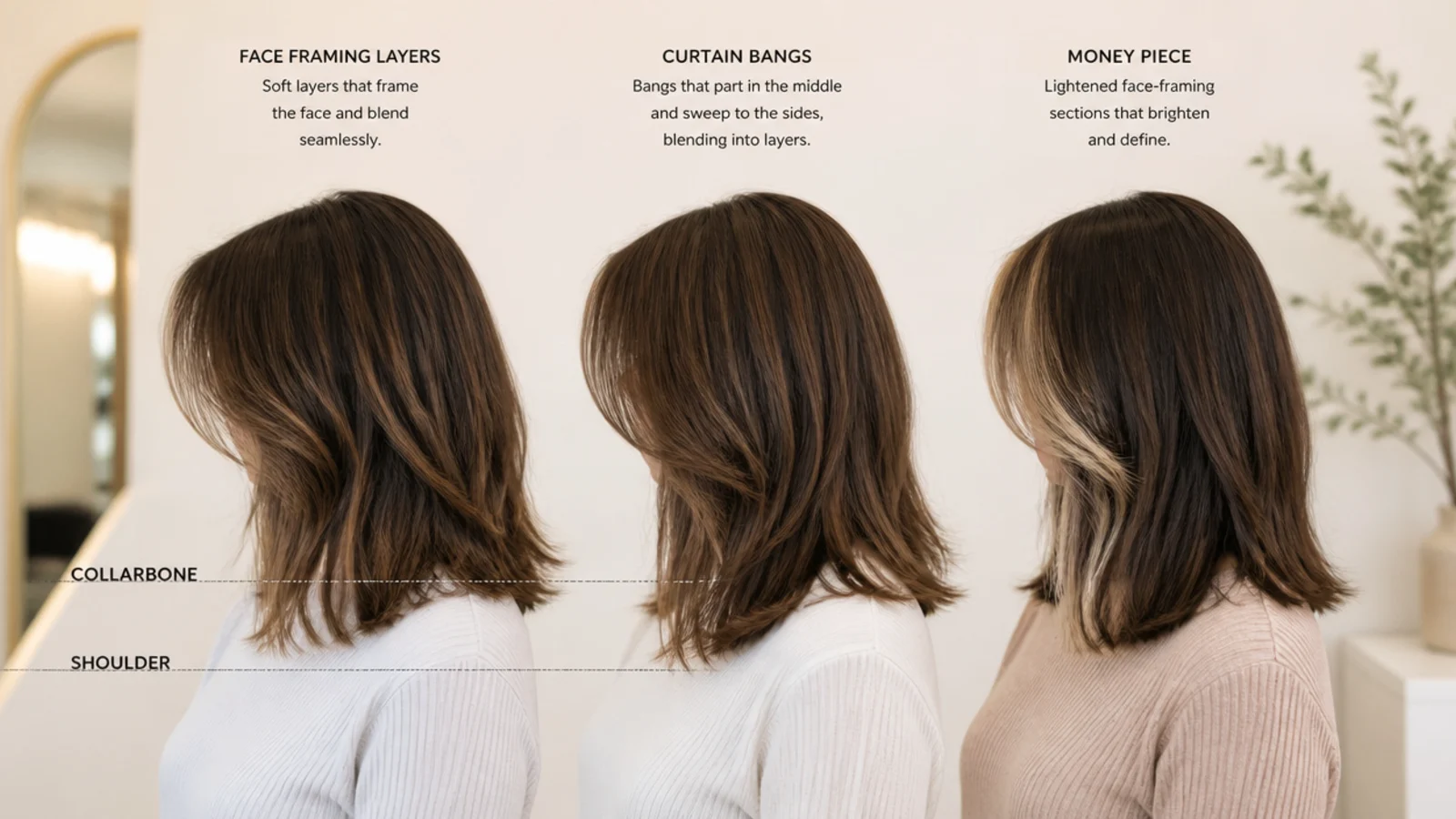 Comparison of face framing layers, curtain bangs and a money piece on three mid length haircuts