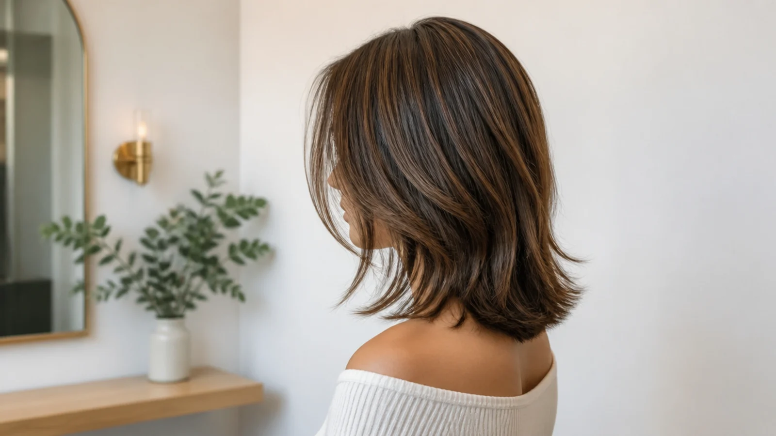 Face framing mid length haircut at collarbone length with the shortest framing piece starting at the jaw