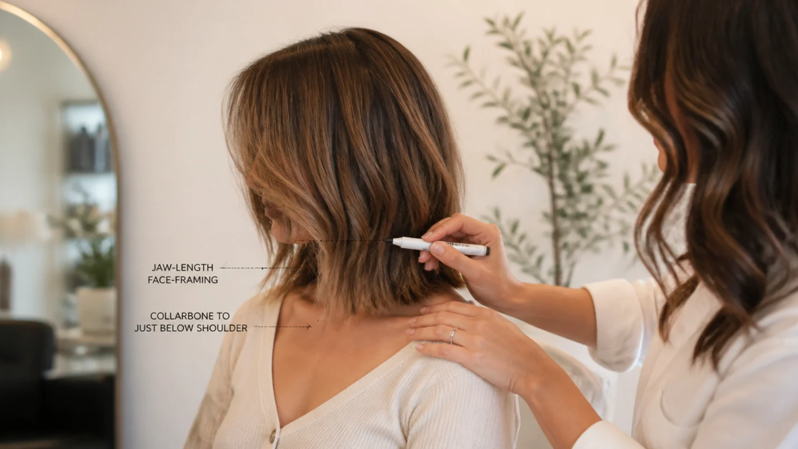 Salon consultation for a face framing mid length haircut with the stylist marking jaw-length framing
