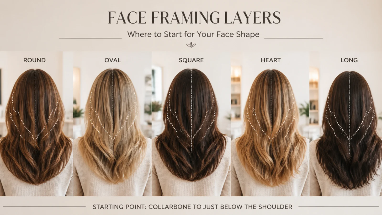 Face shape guide showing where face framing layers should start for round, oval, square, heart and long faces