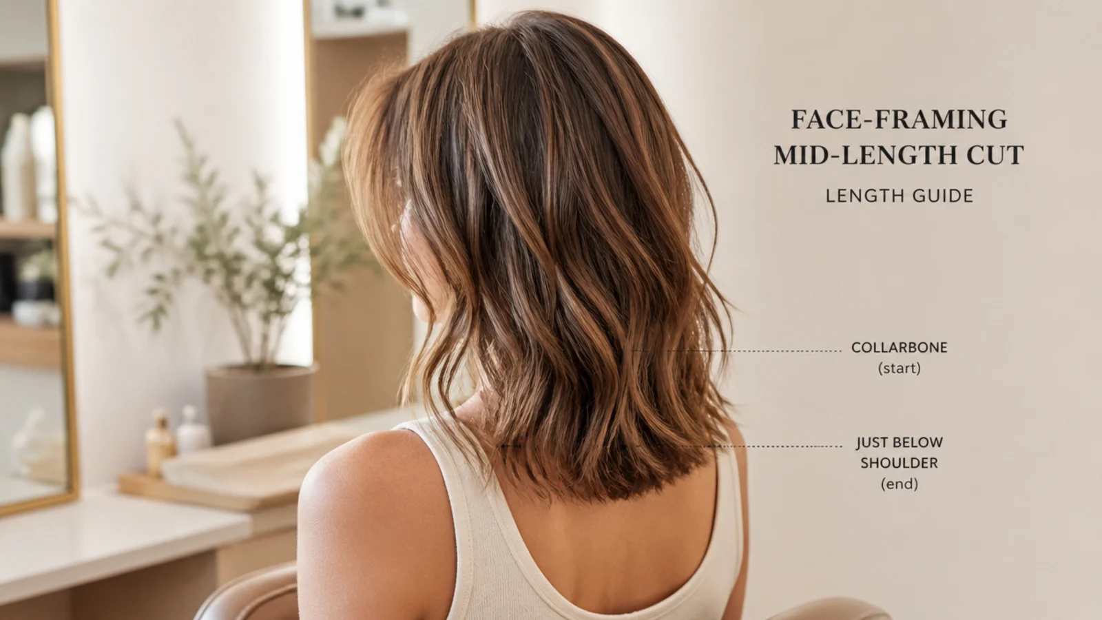 Length guide showing a face framing mid length haircut falling between the collarbone and just below the shoulder