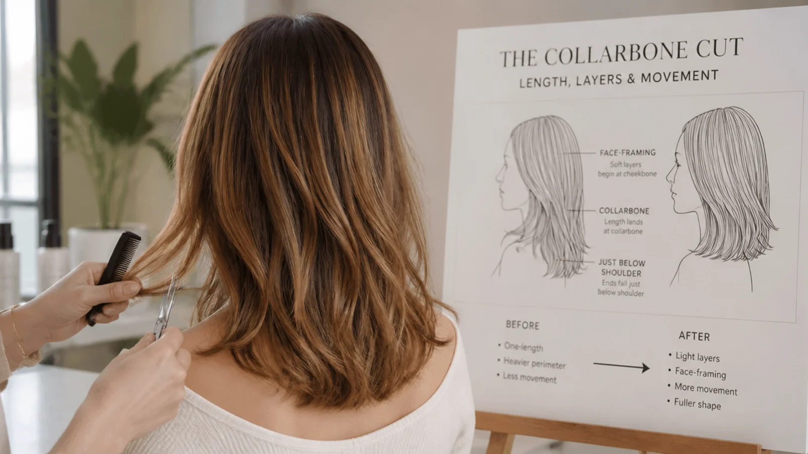 Half inch of split ends dusted from mid length hair beside a full shape change marked on a diagram