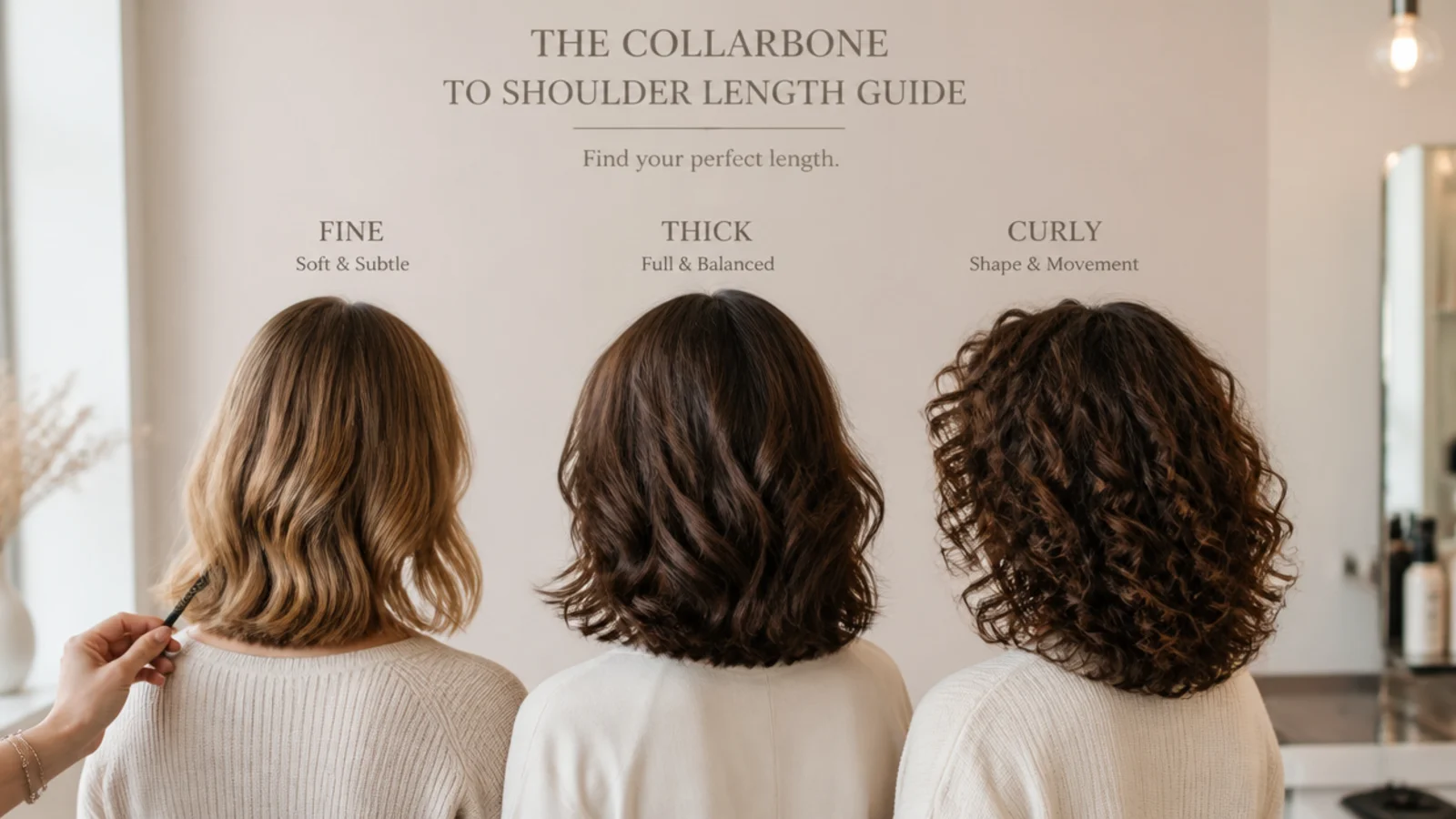 Fine, thick and curly mid length hair compared side by side for at-home cutting technique