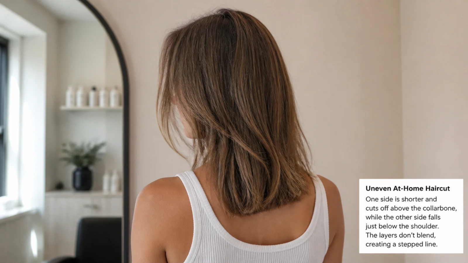 Uneven at-home mid length haircut showing a shorter side and a stepped layer line