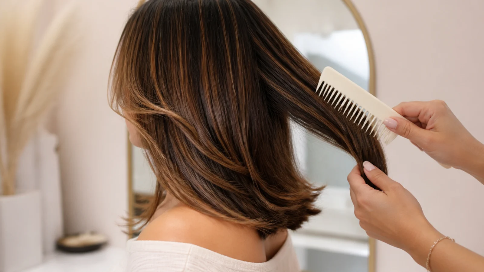 Clean dry mid length hair being detangled from the ends up with a wide-tooth comb before an at-home trim