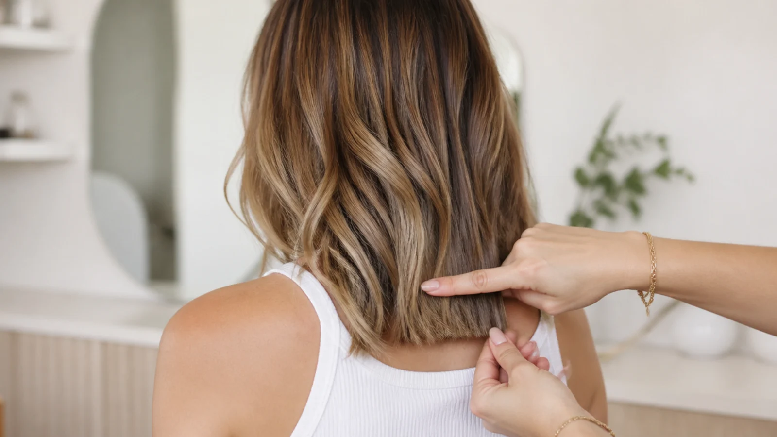 Fingers marking collarbone length on mid length hair as the target line for an at-home haircut