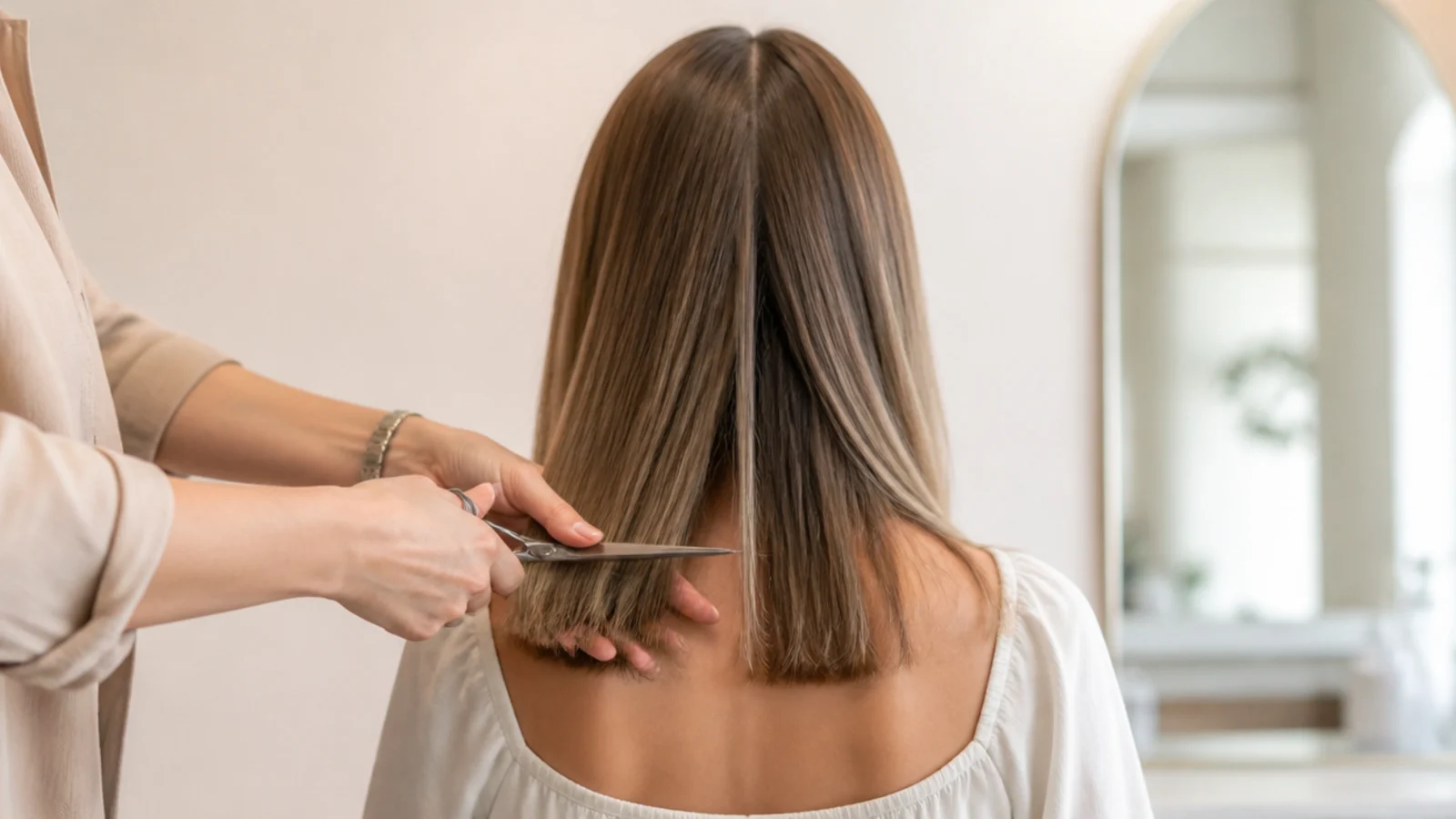 Mid length hair split into two even halves with a center part running from forehead to nape before cutting