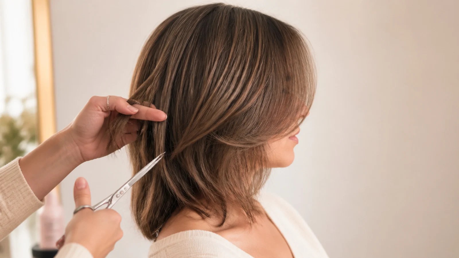 Shears removing a half inch from the baseline of a front section of mid length hair