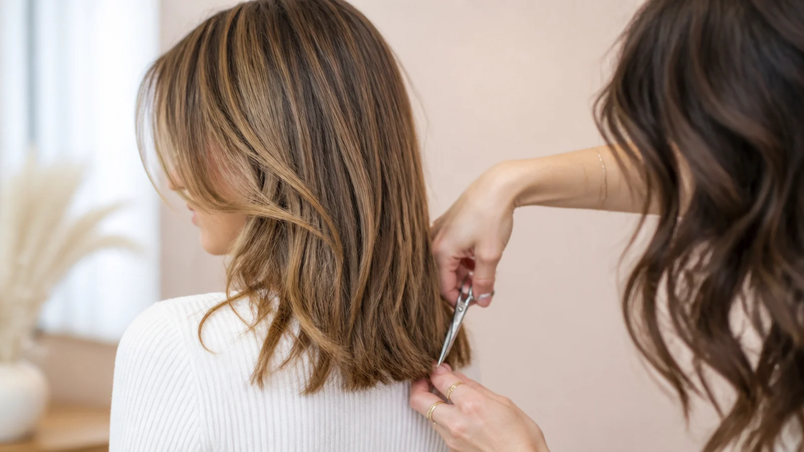 Shears held vertically to point cut into the ends of mid length hair for a soft textured line