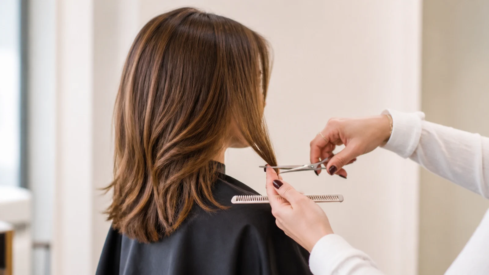 Face-framing pieces on mid length hair being trimmed to start at the jawline