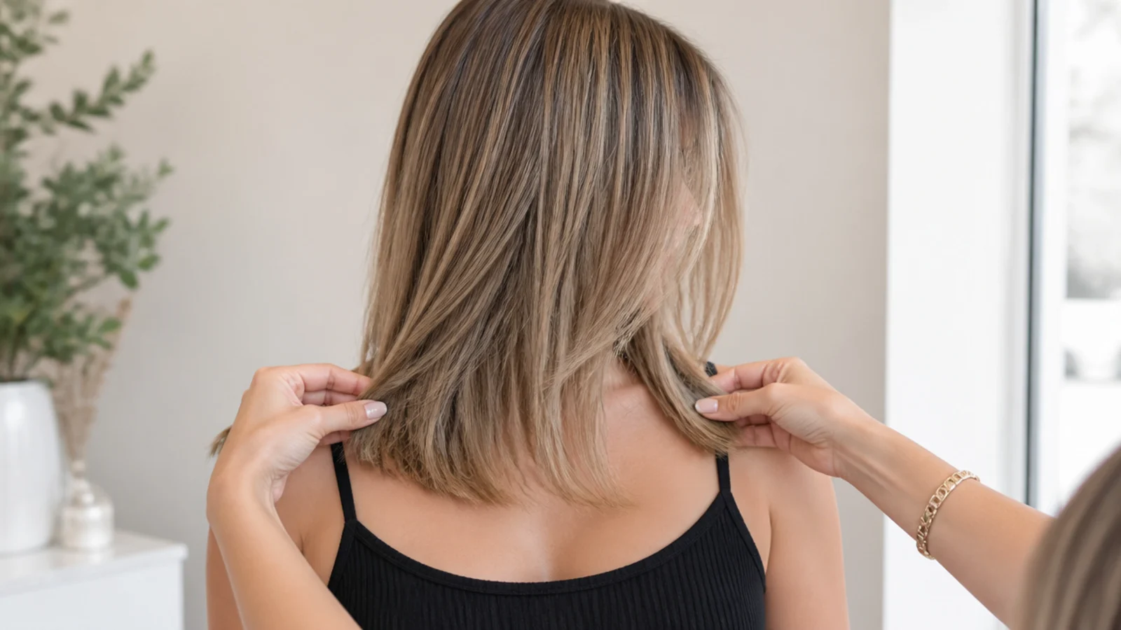 Both sides of a finished mid length haircut pulled forward and compared for even length at the collarbone