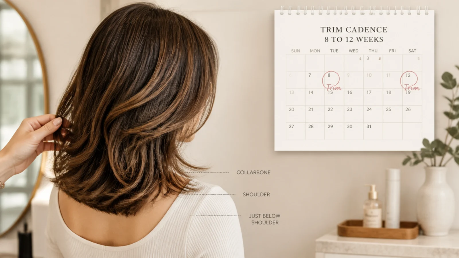 Calendar marking an 8 to 12 week trim cadence beside mid length hair with healthy ends