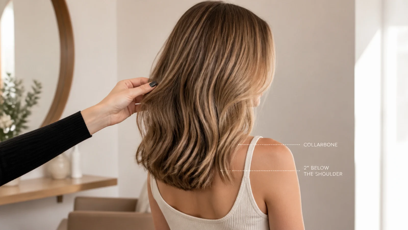 Length reference showing mid length hair from collarbone to two inches below the shoulder