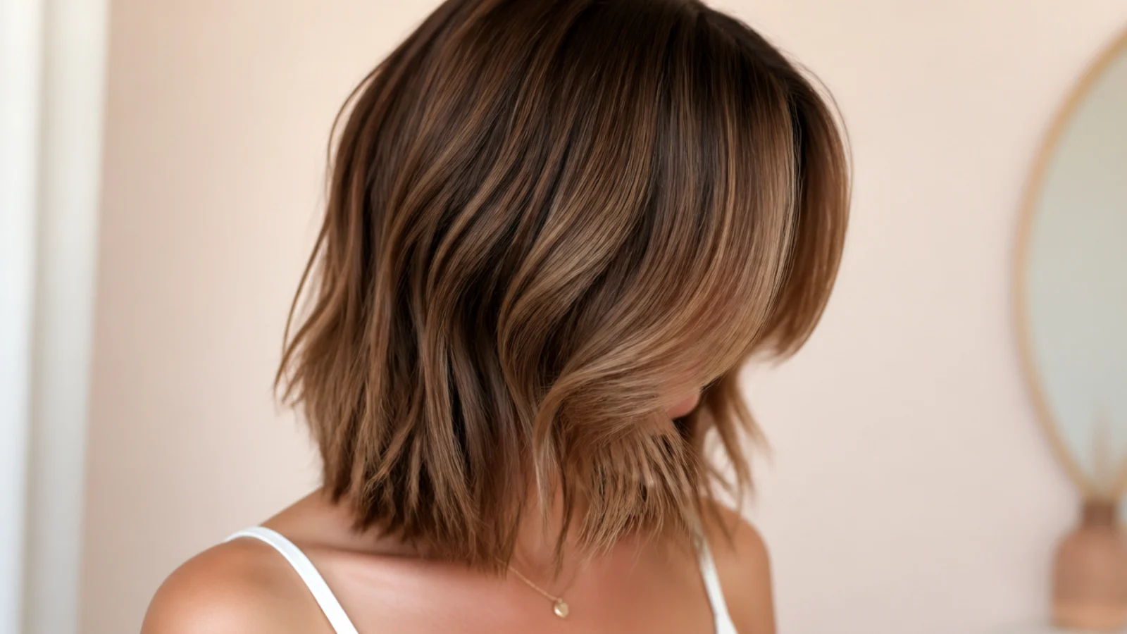 Collarbone length lob with center-parted curtain bangs sweeping away from the face