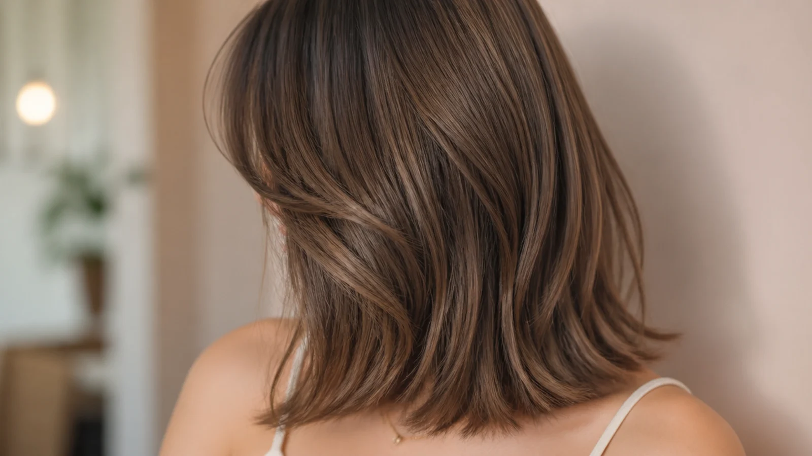 Shoulder length hair with bottleneck bangs curving in at the center and out at the sides