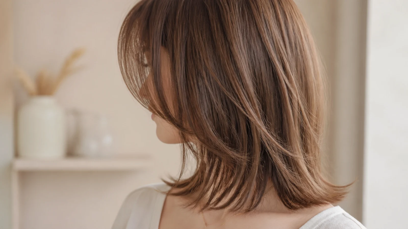Fine mid length hair with soft wispy bangs point cut just below the eyebrows