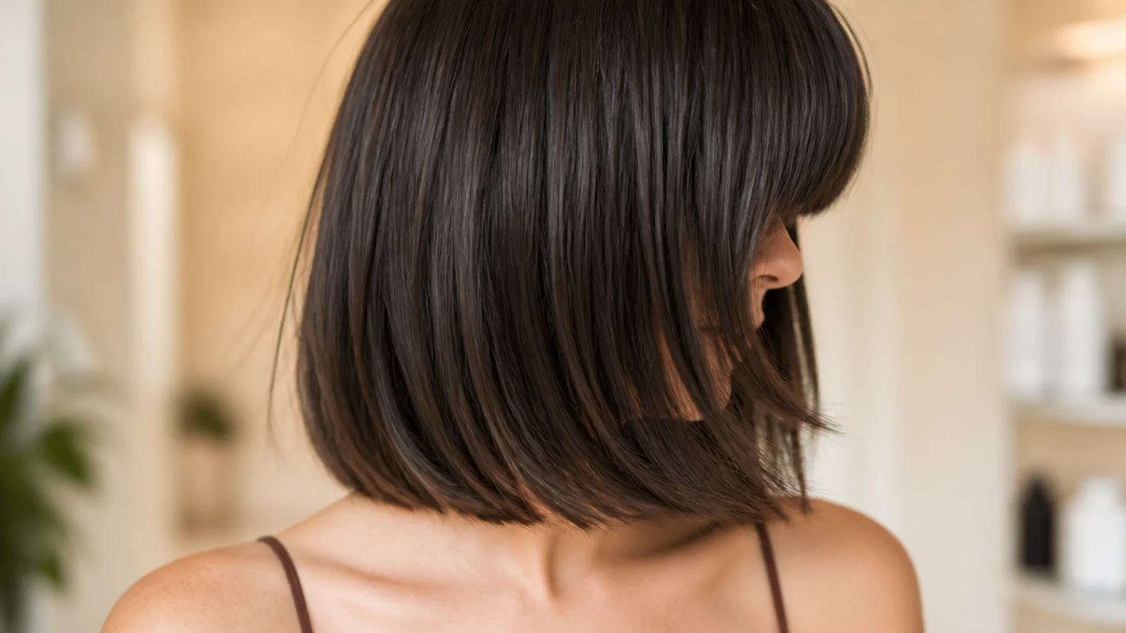 Shoulder length blunt haircut with a heavy straight-across blunt fringe at the eyebrows