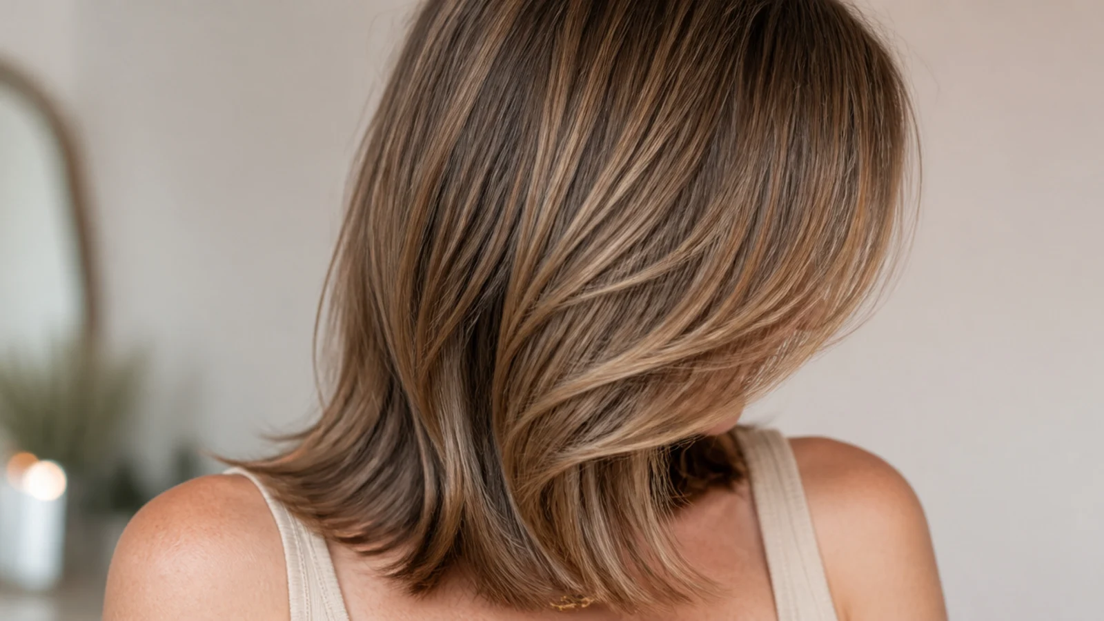 Mid length layered haircut with long side-swept bangs falling across one eyebrow