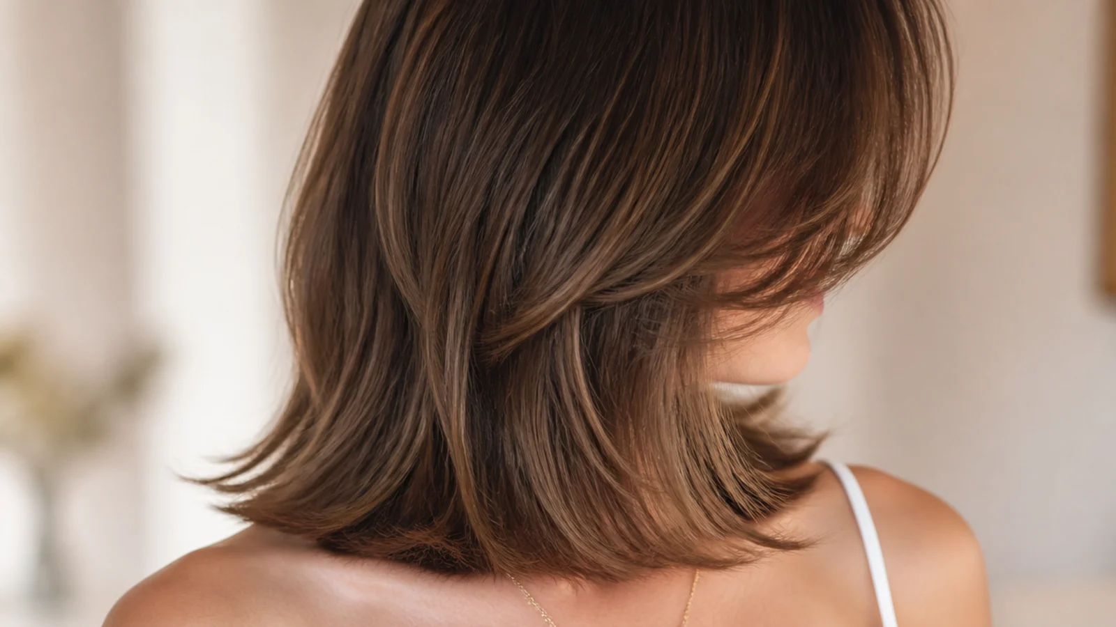 Round face with long curtain bangs starting at the cheekbone and falling to the jaw