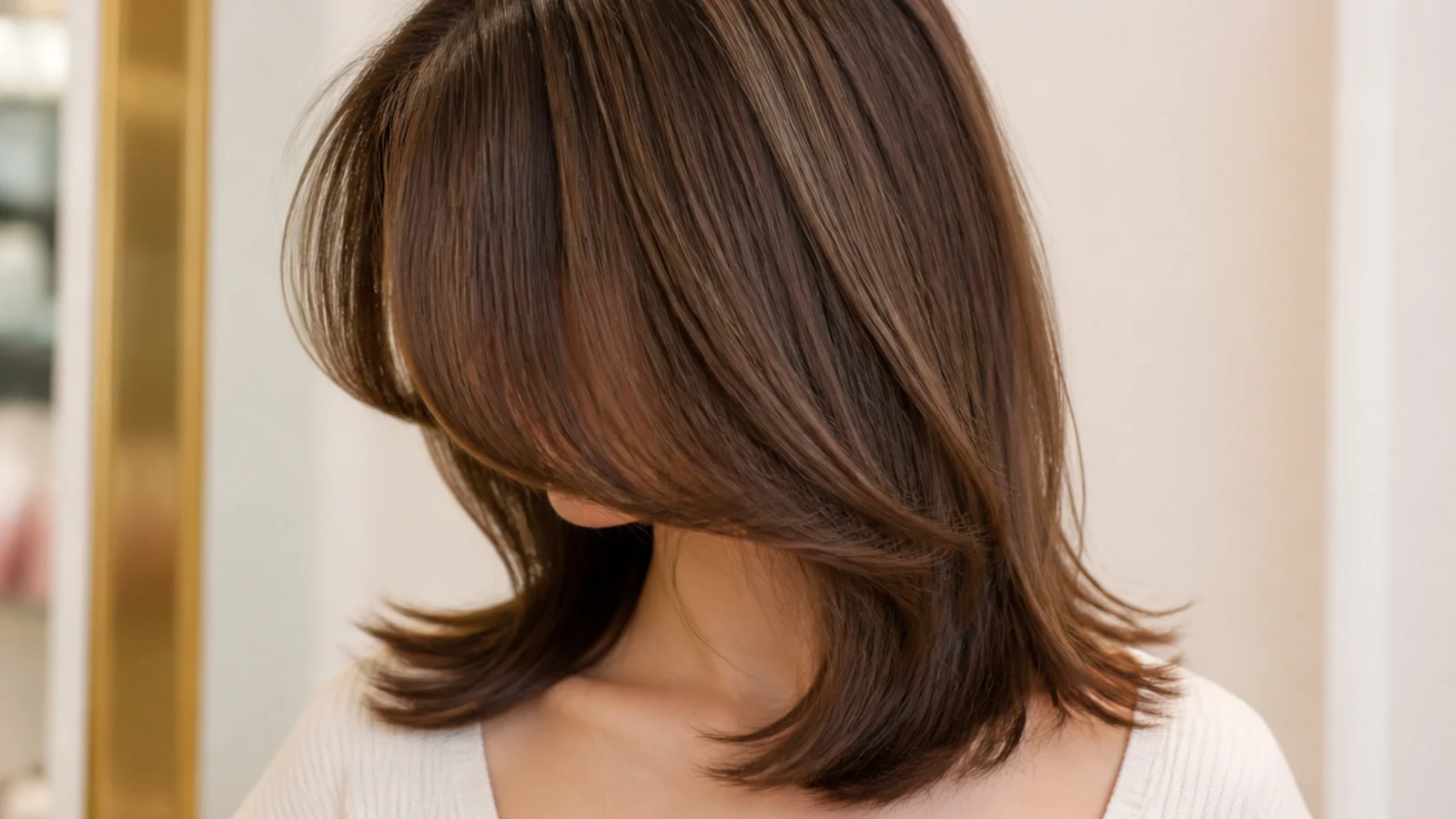 Long oval face with arched curtain bangs covering part of the forehead at brow level