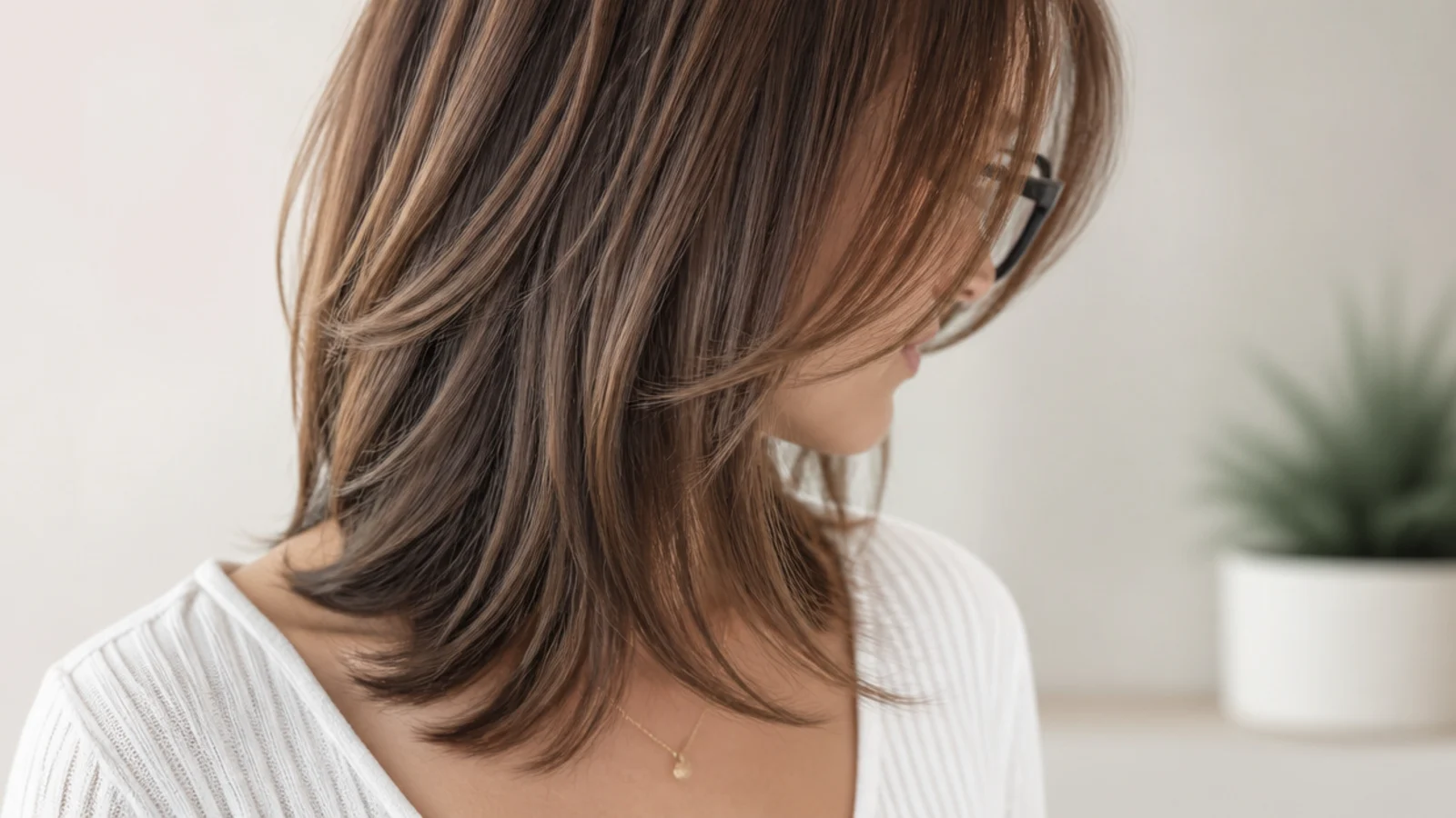 Mid length haircut with curtain bangs styled around black rectangular glasses frames