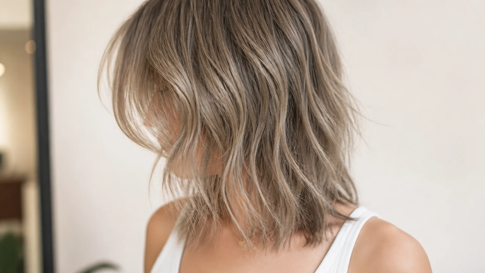 Mid length shag haircut with choppy textured bangs and heavy layers at the crown