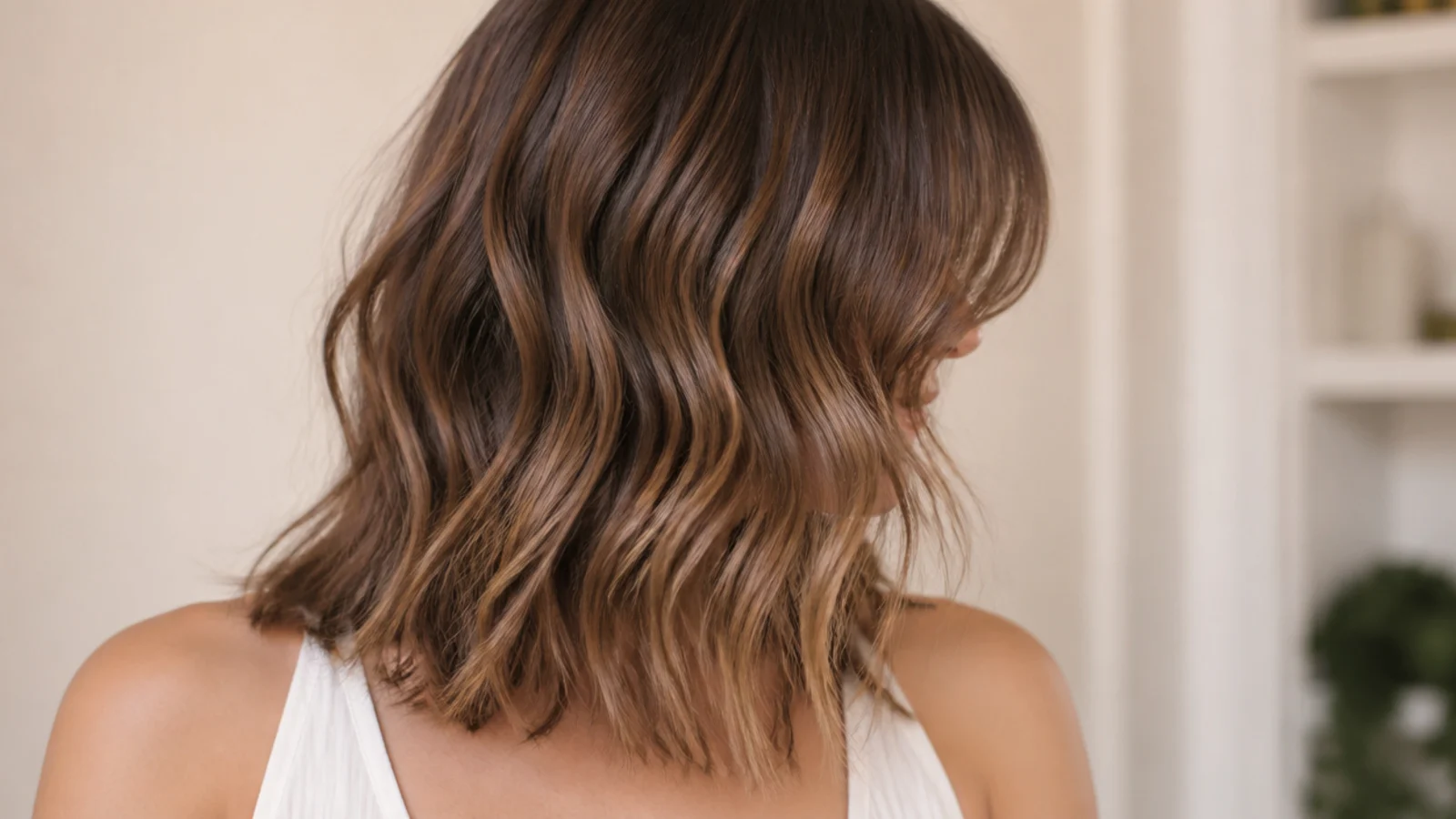 Mid length wavy hair with full soft Birkin bangs skimming the eyelashes